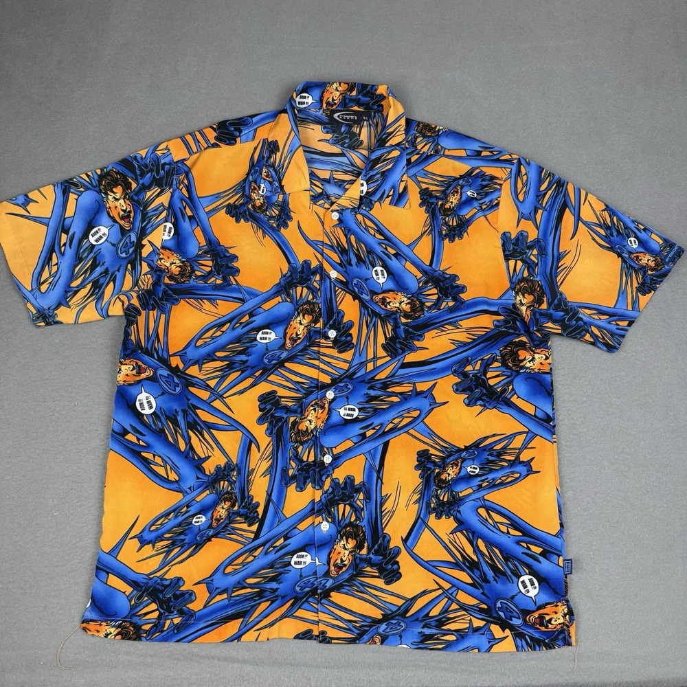 Fantastic 4 Reed Richards Mr Fantastic Button Down Shirt L Orange Blue Y2K Funky
